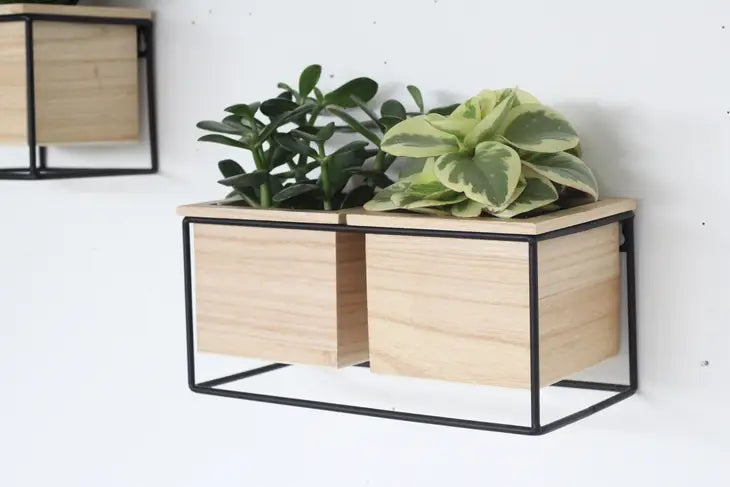 Doulbe Wall Planter Pots Black Metal and Wood