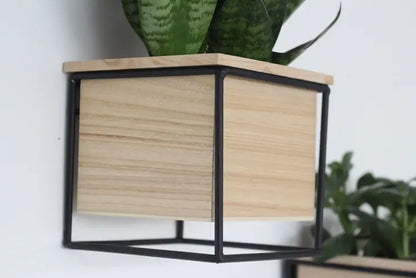 Single Wood and Metal Planter Pot Close up view